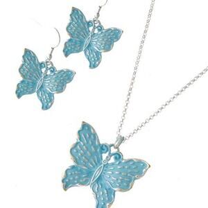 Silver Tone & Blue Butterfly Pendant Necklace & Earring Set